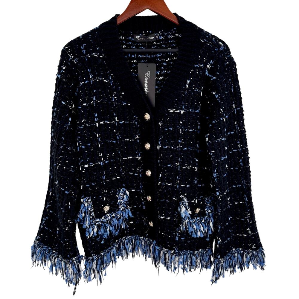 NEW NWT Creation Sz XL Navy Blue Tweed Fringe Cardigan Sweater Top Christmas - Picture 2 of 10
